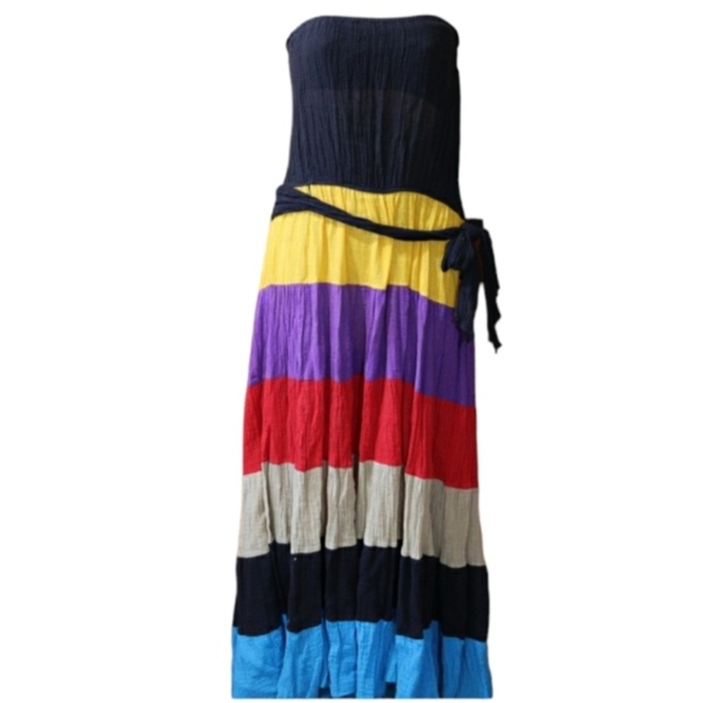 Dotti Strapless Wide Stripe Colorful Belted Maxi Dress with Shelf Bra NWT Large